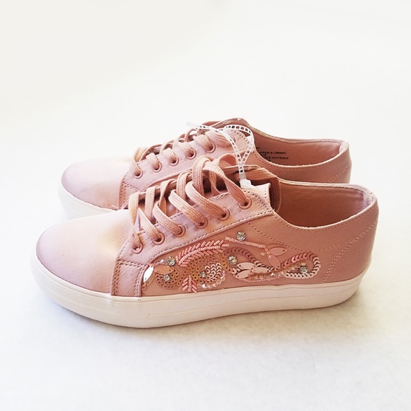 Madden Girl Shoes - Madden Girl Pink Satin Sequin Platform Sneakers